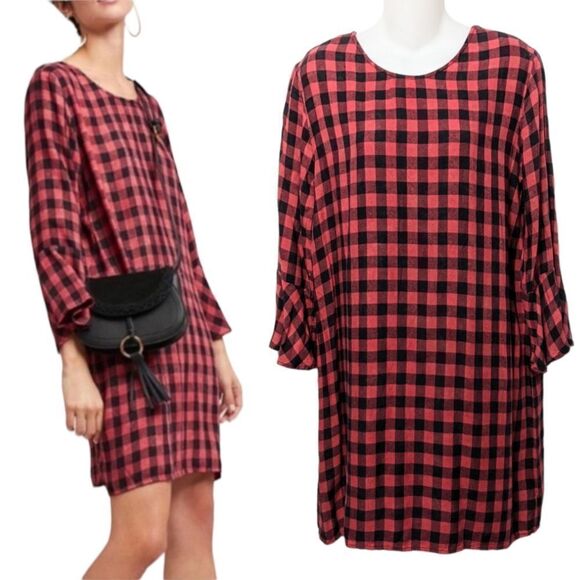 Anthropologie CLOTH & STONE Buffalo Check Cutout Back Bell Sleeve Dress M - Picture 1 of 9